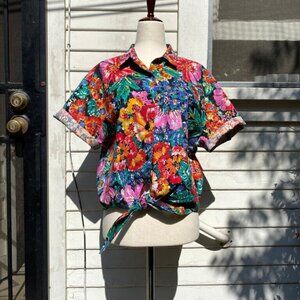 Vintage 1990s Bright Floral Front-Tie Blouse size Medium